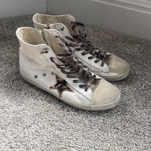 VGUC golden goose francy with camo and leopard details.